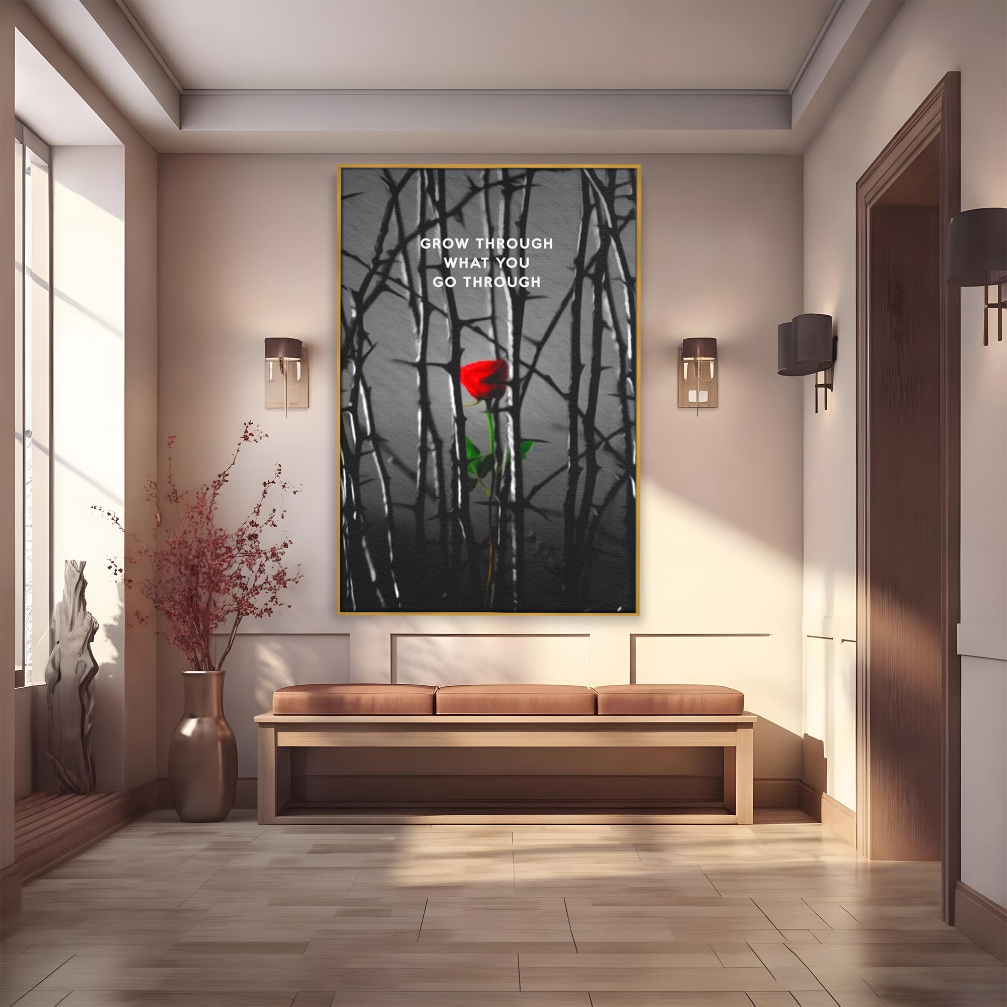 Tablou canvas cu tablou motivational cu trandafir rosu si spini, in rama de aluminiu auriu